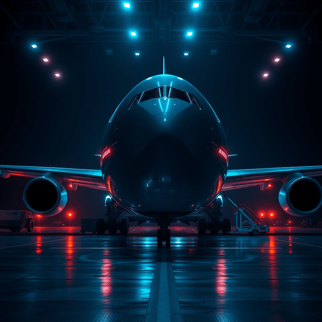Air cargo loading at night with neon cyan highlights (temporary marketing visual).